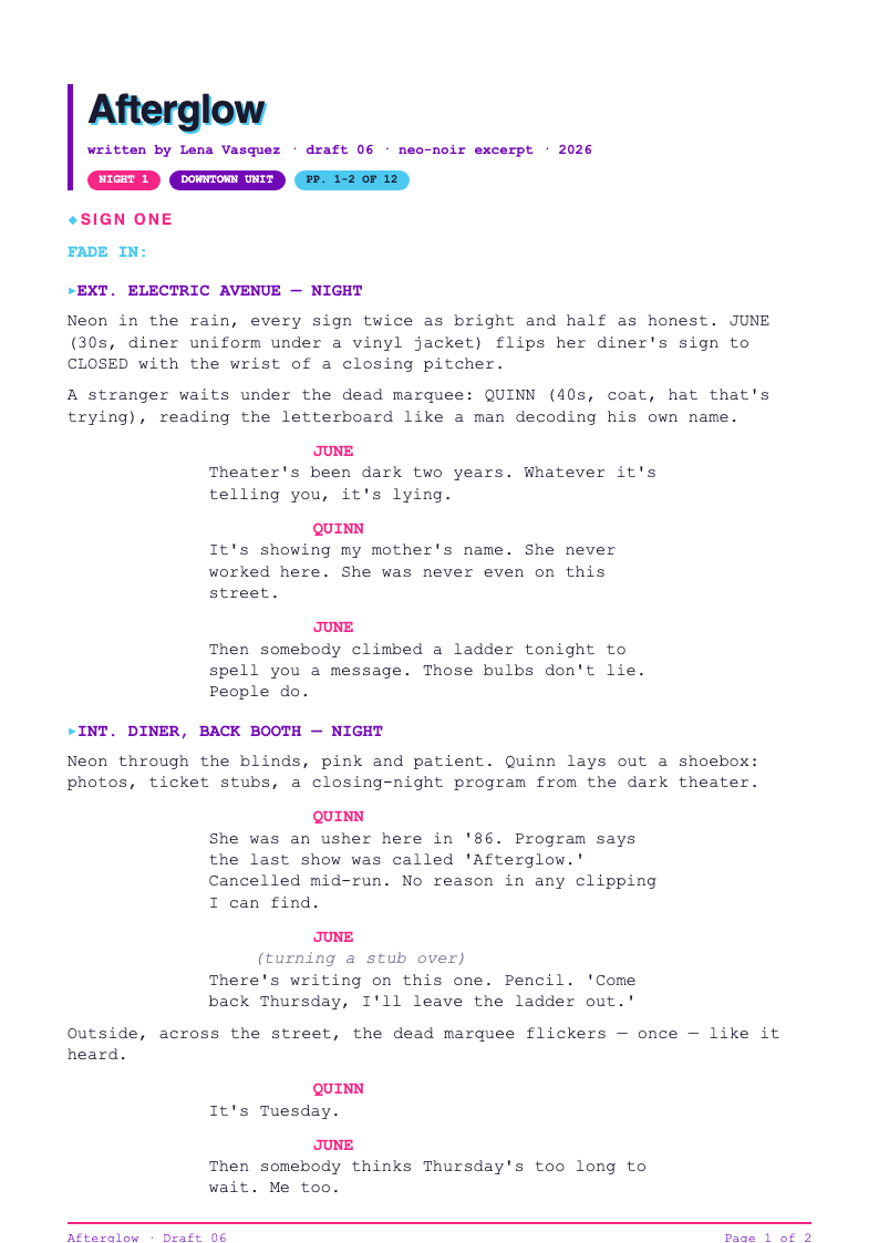 Neon accent screenplay layout